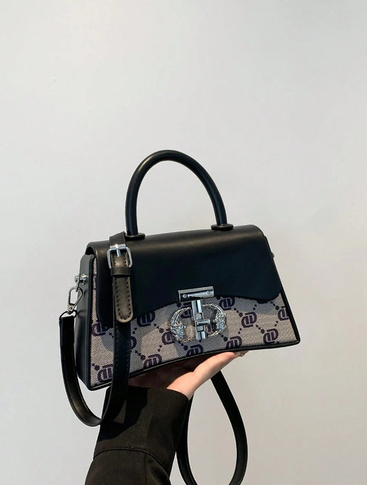 Sac à main vintage en forme de boîte pour femmes, sac bandoulière à rabat avec imprimé lettres