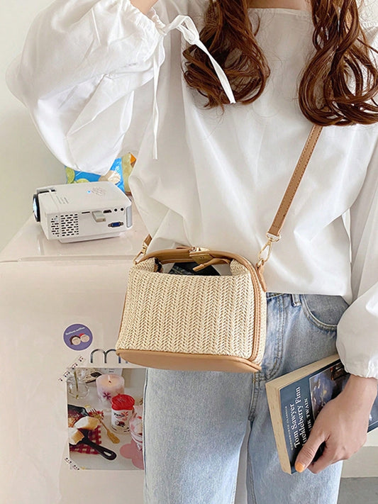 Mini sac de paille minimaliste avec poignée supérieure et fermeture éclair